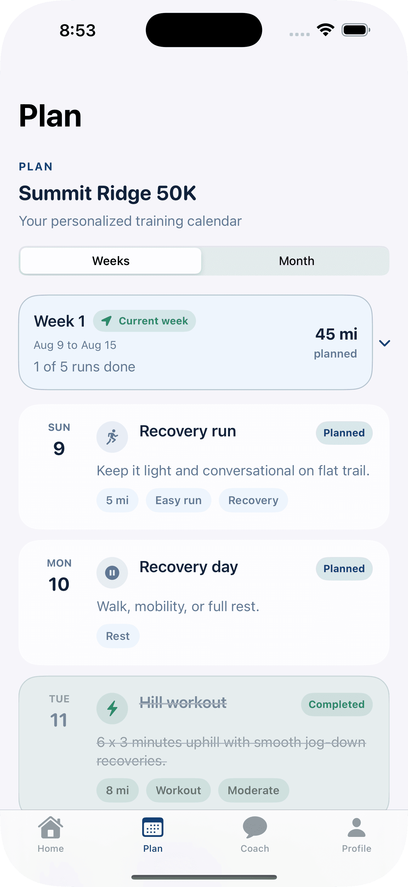 Ultra Plan calendar showing a personalized week of recovery runs, rest days, and hill workouts
